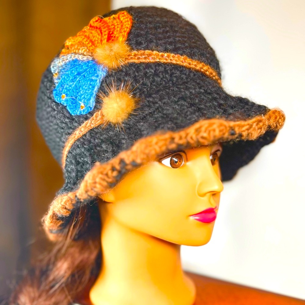 Autumn Charm: Brown/Black knit Button Hat